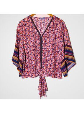Democracy Kimono Sleeve Tie Front Mixed Print Top Colorful Boho Size M
